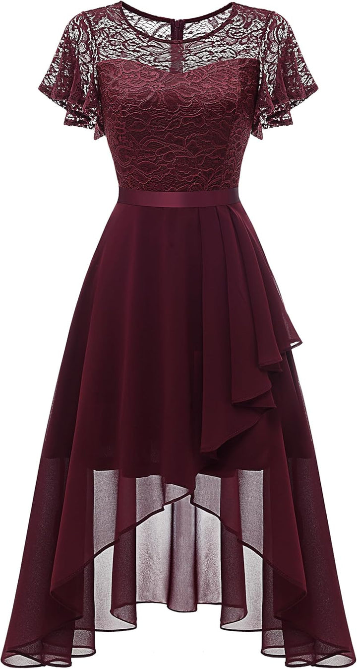 Wedtrend Abendkleid Damen Elegant für Hochzeit High Low Cocktailkleid Chiffonkleid mit Spitzen A Lin