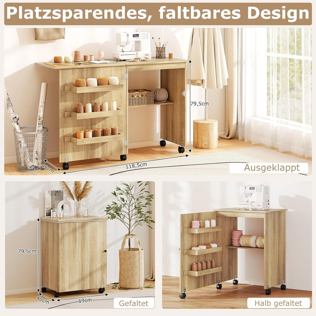 GIANTEX Nähtisch klappbar, Nähmaschinentisch auf Rollen, Nähtisch für Nähmaschine, Nähschrank Holz,