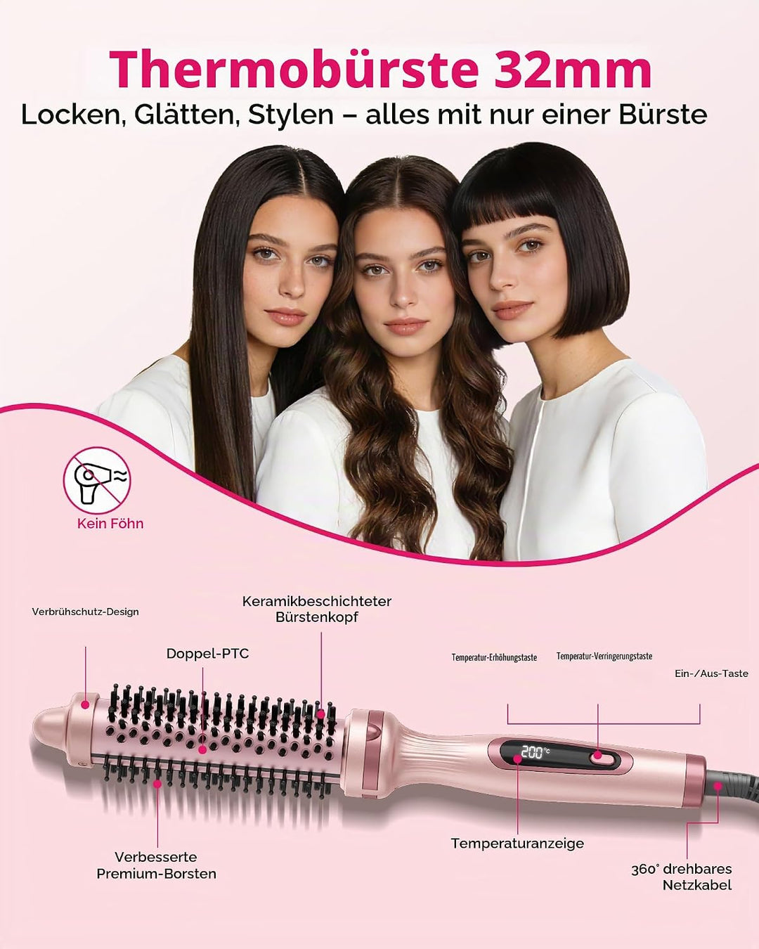 UKLISS Thermobürste 32mm Thermal Brush, Pro Ionische Thermo Rundbürste Lockenbürste [160-200℃], für