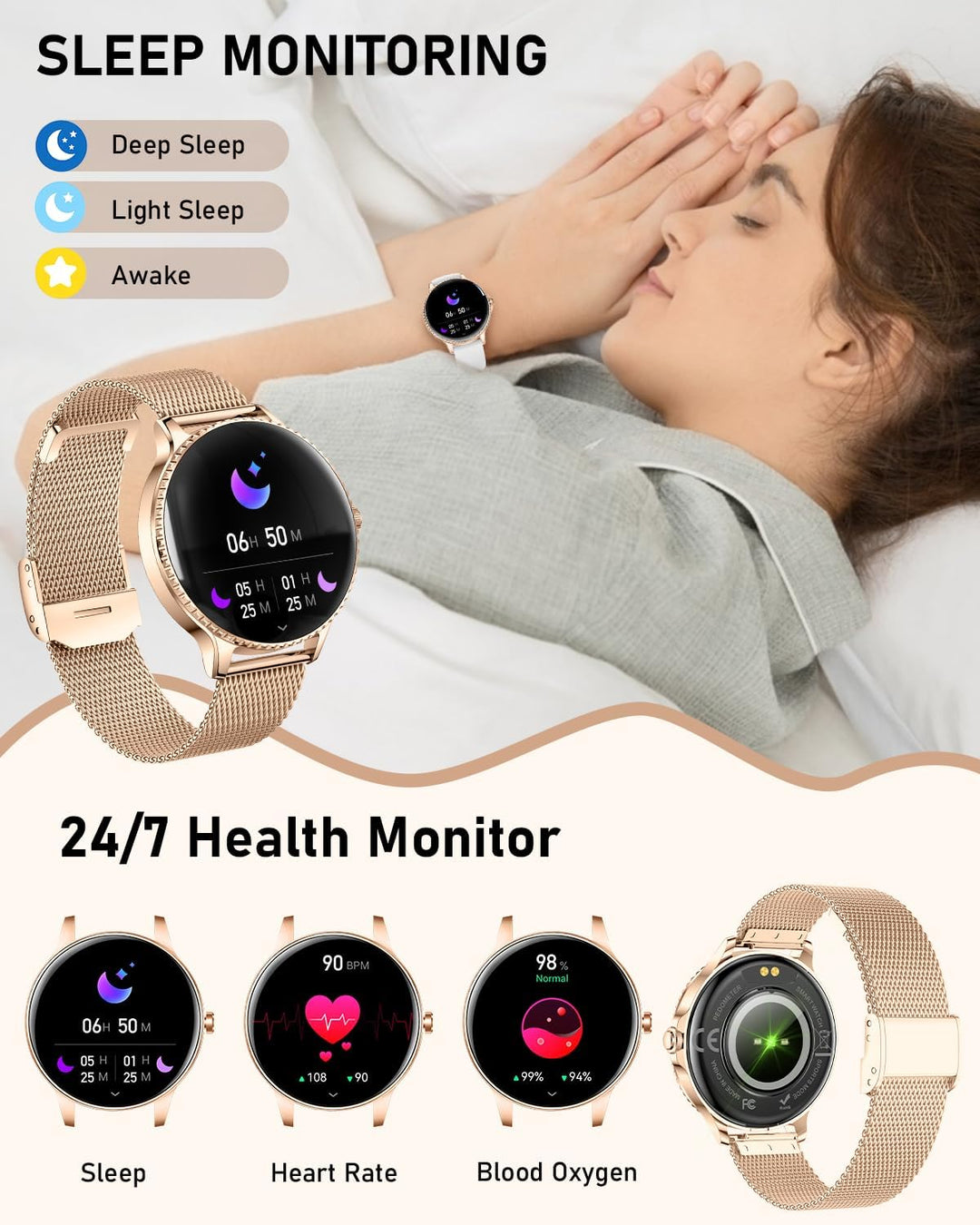 Smartwatch Damen mit Telefonfunktion,1.27" AMOLED Uhren Damen mit 24H Herzfrequenz/Schlafmonitor/SpO