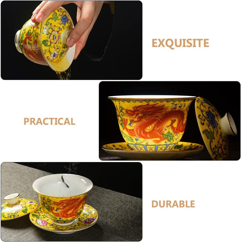 Emaille-Teetasse mit Deckel und Untertasse, Motiv: gelber Drache, traditionelles chinesisches Gaiwan