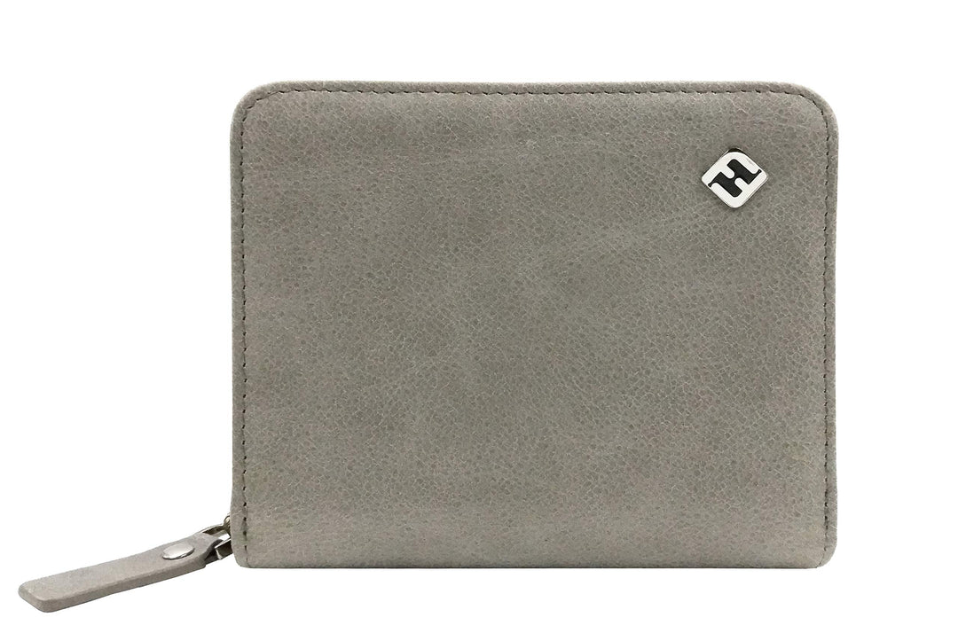 Damen Portemonnaie, Oil-Wax-Leder, grau, Reissverschluss, Münzfach, RFID Schutz - Geldbörse klein, P