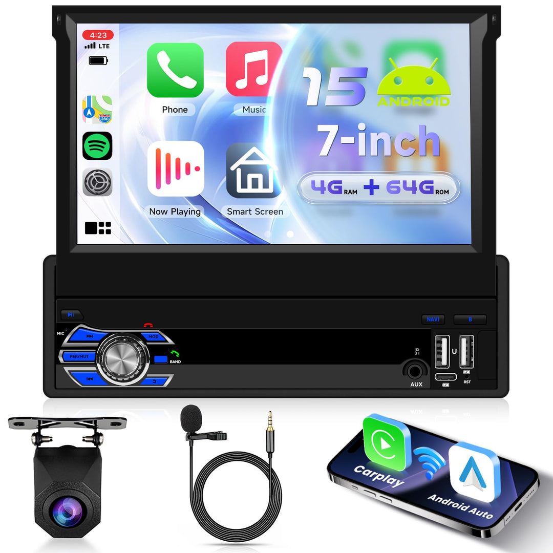 8 KERN 4G+64G Android 15 Autoradio 1 Din mit Drahtlos Carplay Android Auto, 7 Zoll HD Manuell Klappb
