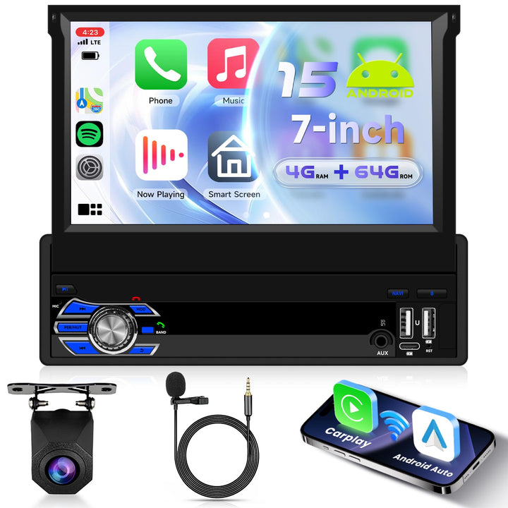 8 KERN 4G+64G Android 15 Autoradio 1 Din mit Drahtlos Carplay Android Auto, 7 Zoll HD Manuell Klappb