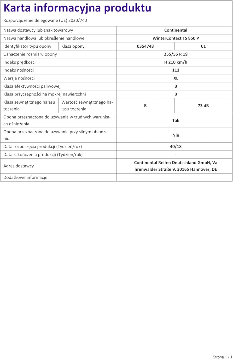 Winterreifen 255/55 R19 111H Continental WinterContactTM TS 850 P XL FR M+S AO 255/55R19 111H - AO/F