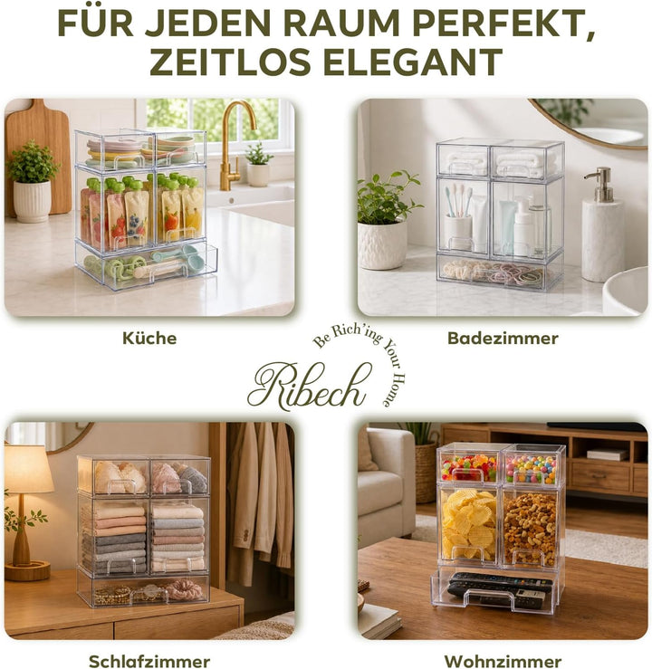 5er-Set Stapelbare Aufbewahrungsschubladen aus Acryl | Transparent mit Griffen, Einfache Montage für
