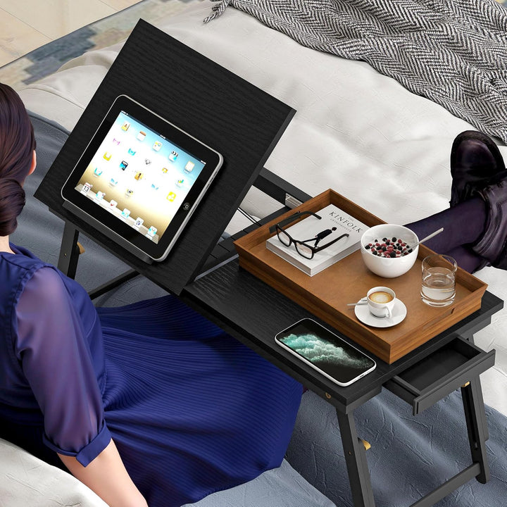 HOMCOM Klappbarer und verstellbarer Betttisch, Laptop-Tisch mit neigbarer Tischplatte, Schublade, Ba