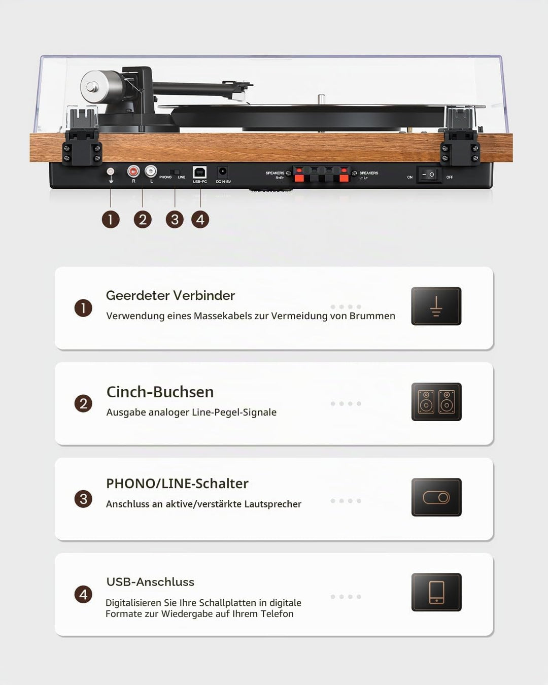 1 BY ONE HiFi Bluetooth Plattenspieler mit USB-Anschluss MM System 33/45 U/min Auto-Stopp und Phono-