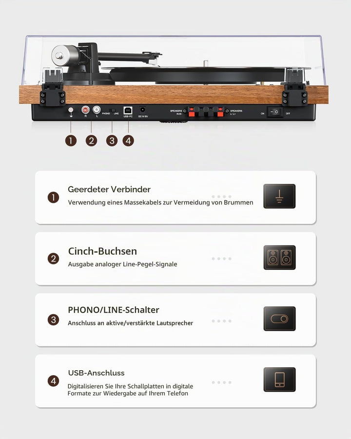 1 BY ONE HiFi Bluetooth Plattenspieler mit USB-Anschluss MM System 33/45 U/min Auto-Stopp und Phono-