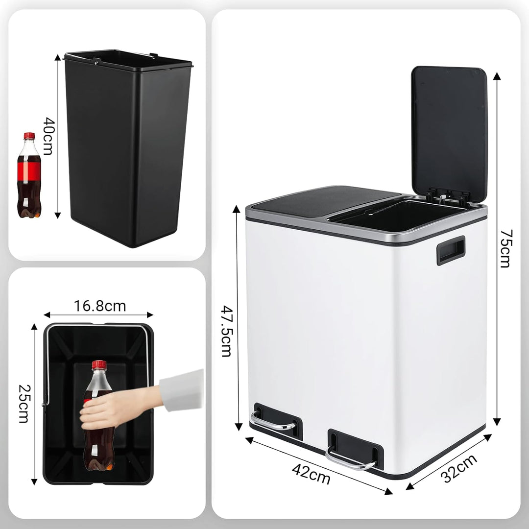 LIFERUN Mülleimer 2 Fächer, 2 x 15 Liter Abfalleimer Küche aus Metall, Softclose Deckel, Inneneimer