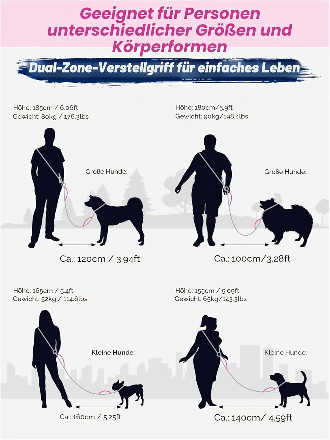 Freihändige Hundeleine für alle Körpergrössen – 2,0–3,9 m, mit doppelt verstellbarem Schnallenversch