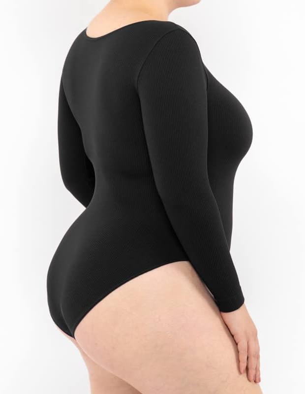LEELA LAB Bodysuit Damen Grösse Grössen Langarm Gerippter Body, Verstellbarem Verschluss, Nahtloser