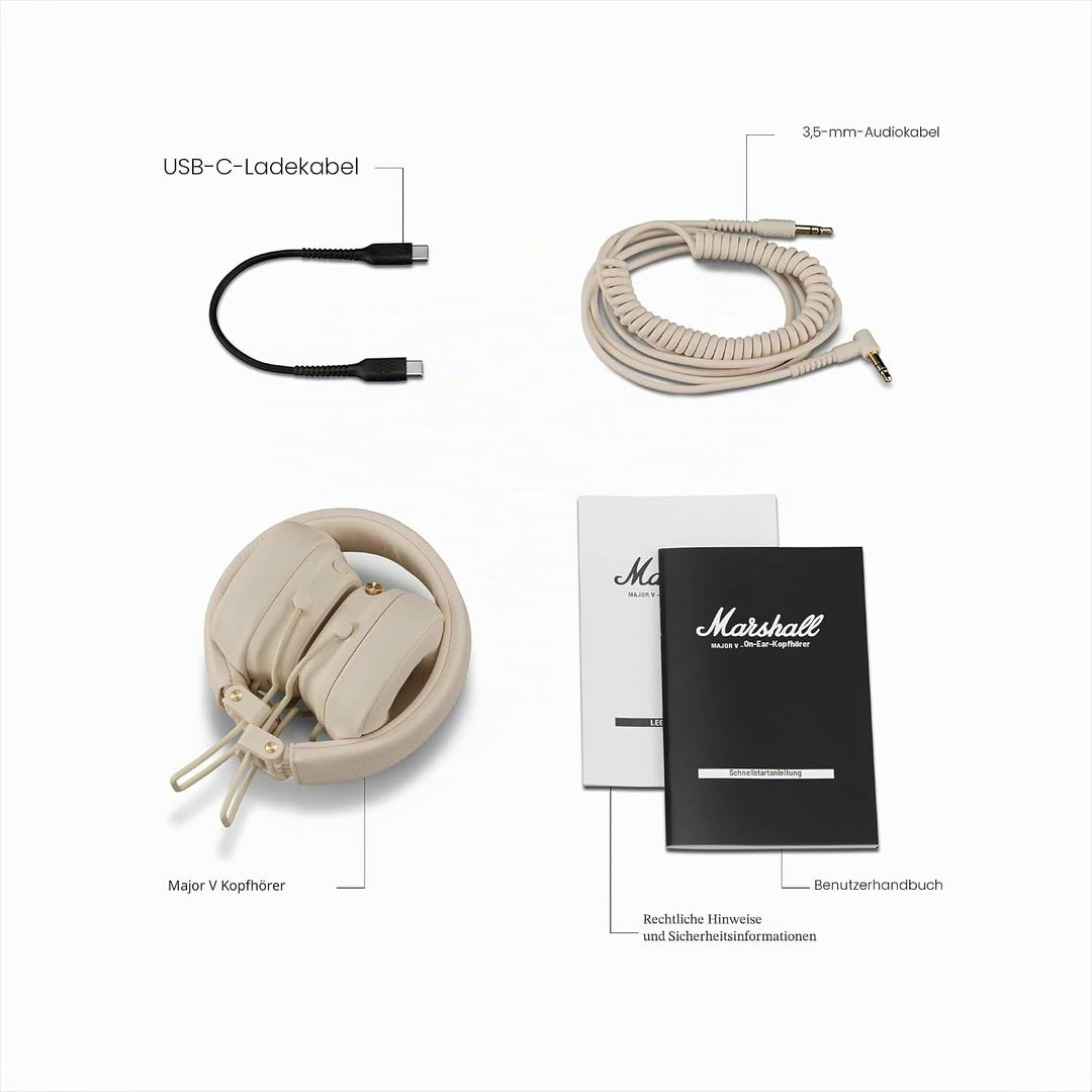 Marshall Major V Bluetooth Kopfhörer, 100 Stunden Spielzeit – Crème Creme Major V, Creme Major V