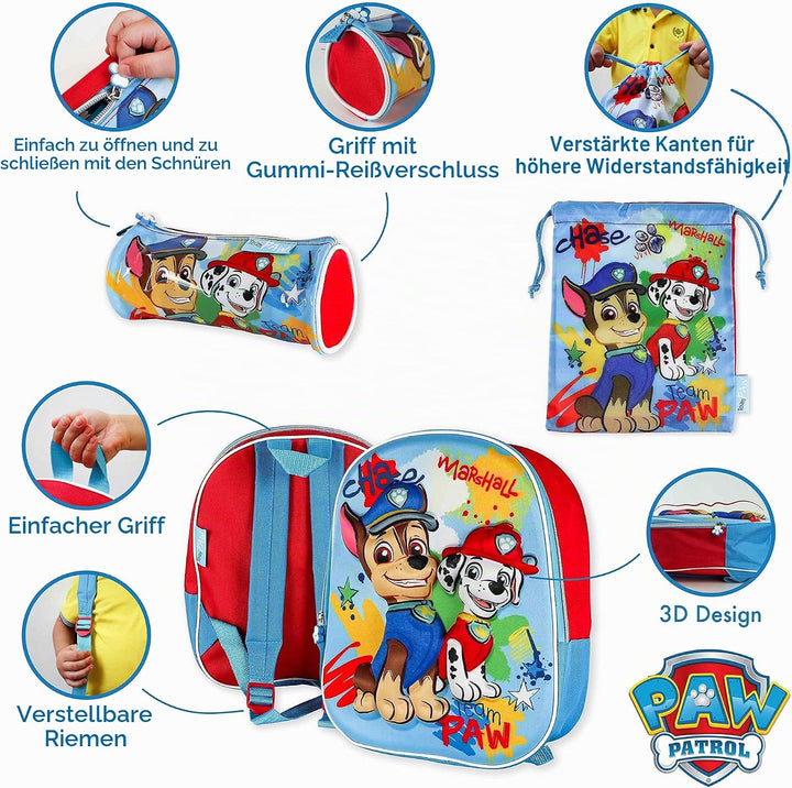 Paw Patrol Kindergartenrucksack Jungen 3D, Turnbeutel und Stiftebox Schulrucksack Jungen und Mädchen