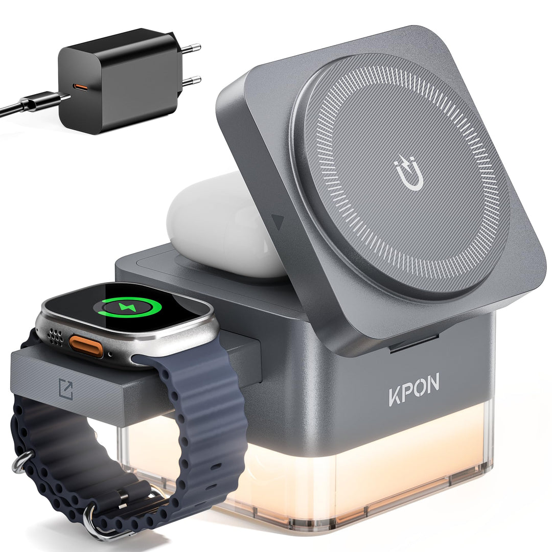 KPON Ladestation Apple Watch und Iphone für Magsafe, 3-in-1 Cube Induktive Ladestation mit Magsafe L