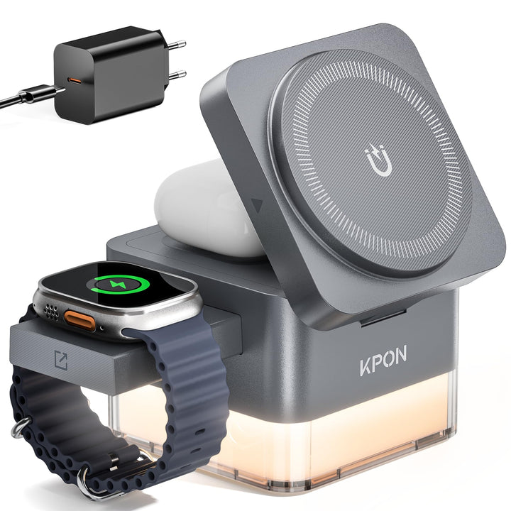 KPON Ladestation Apple Watch und Iphone für Magsafe, 3-in-1 Cube Induktive Ladestation mit Magsafe L