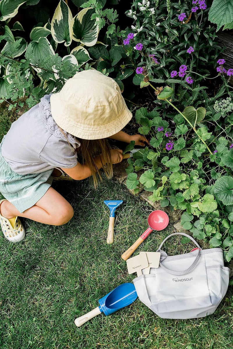 Kindsgut Gartenset, Gartengeräte für Kinder aus hochwertigem Holz und Metall in Einer Tasche, Schlic