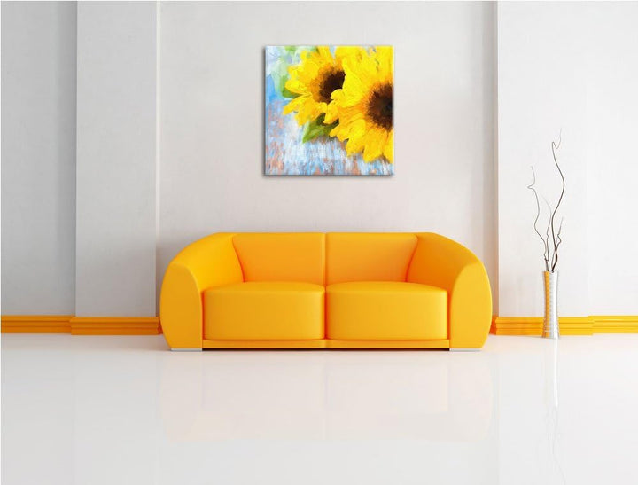 Pixxprint schöne Sonnenblumen auf Holztisch als Leinwandbild Quadratisch| Grösse: 70x70 | Wandbild|