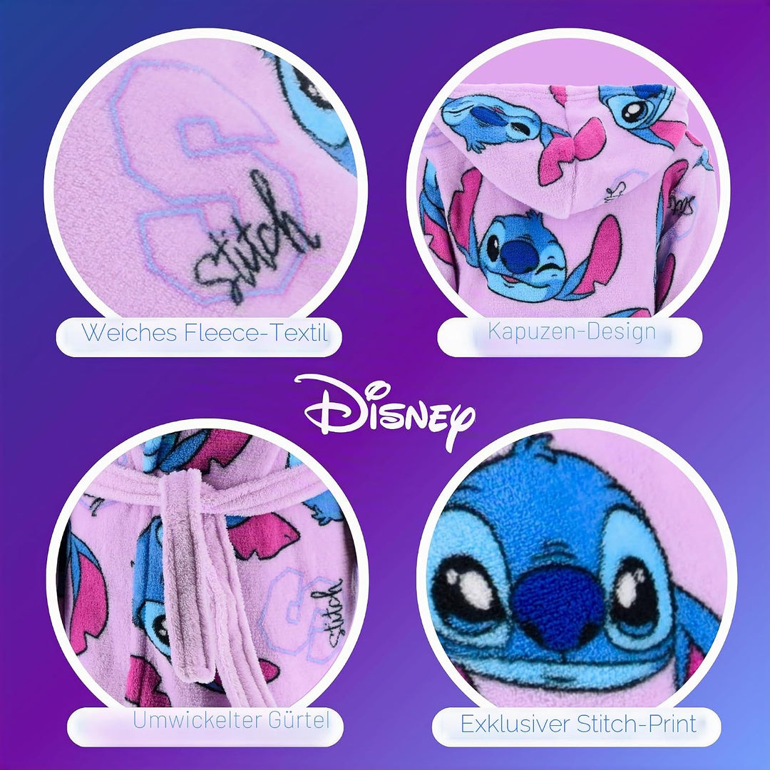 Disney Stitch Mädchen Bademantel, Kinder Hausmantel, Weicher Fleece Morgenmantel, Grössen 6 bis 12 J