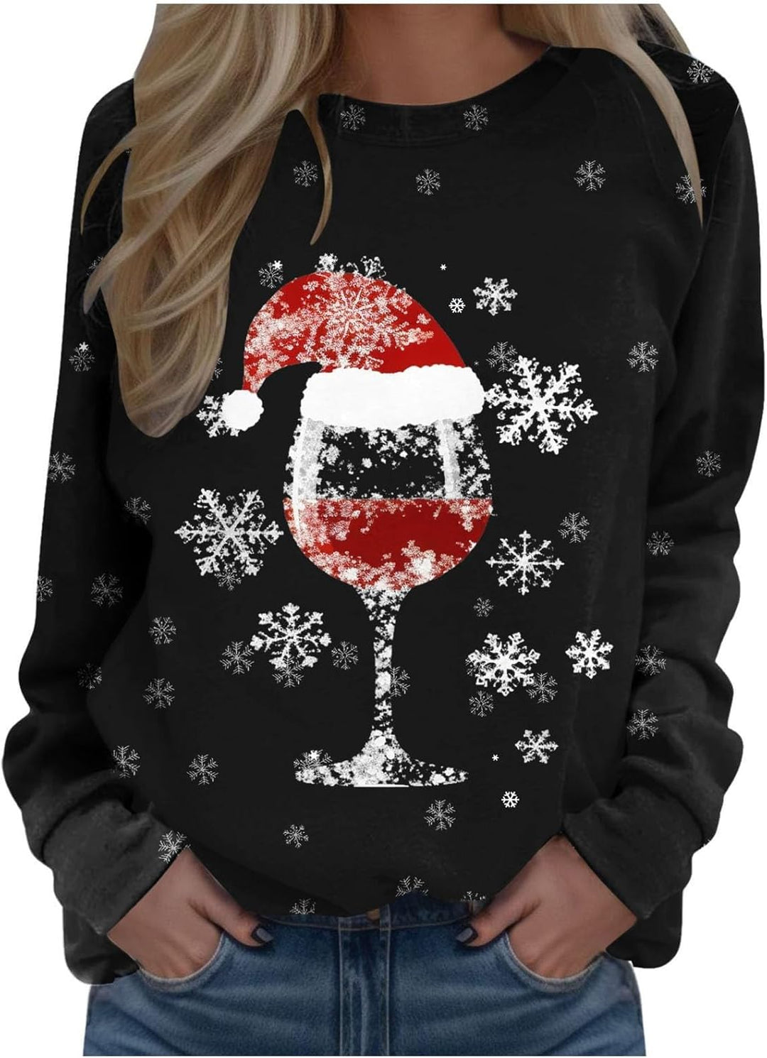 Weihnachtspullover Damen Weinglas Schneeflocken Druck Langarmshirt Farbverlauf Weihnachtspulli Chris