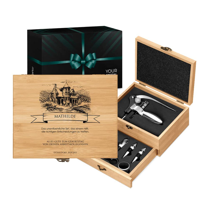 Maverton Weinöffner-Set personalisiert Weinset Sommelier Set - Geschenkbox Holzbox + 8er Weinzubehör