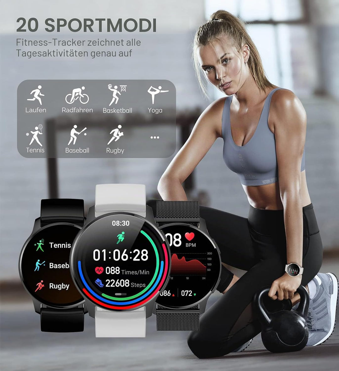 Smartwatch Damen Herren mit Telefonfunktion, 1.32 Zoll HD Voll Touchscreen, Smartwatch mit SpO2 Puls