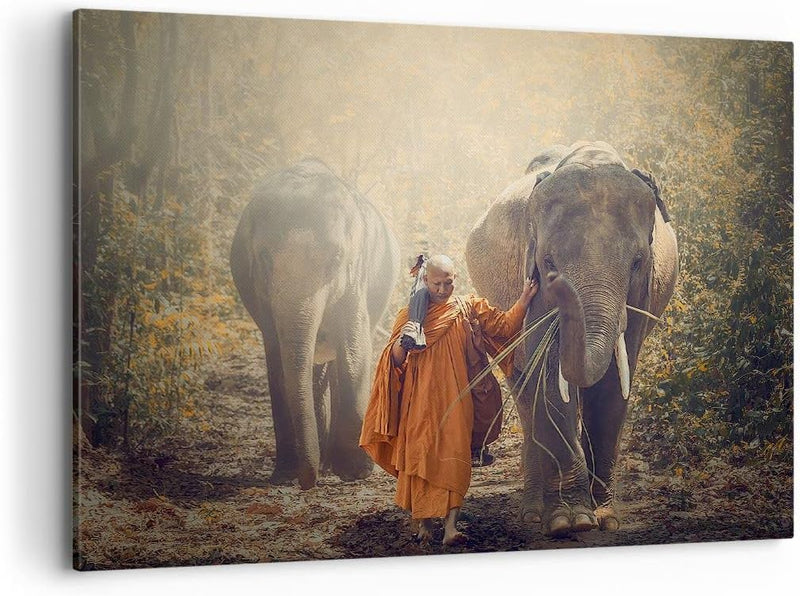 Bilder auf Leinwand 100x70cm Leinwandbild Elefant Mönch Dschungel Gross Wanddeko Bild Schlafzimmer K