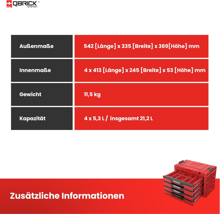 Qbrick System Werkzeugkoffer Sortierbox Leer - 4 Schubladen - Werkzeugkiste - 542 x 335 x 369 mm Rot