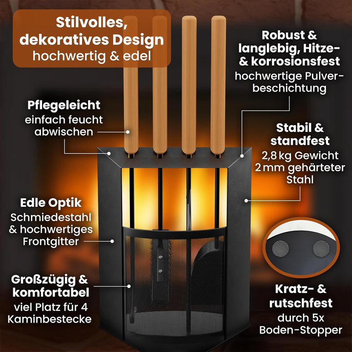BLACK OAK Kaminbesteck DAVOS 5-teilig mit Lederhandschuh - edles &amp; dekoratives Ofenbesteck Set schwa
