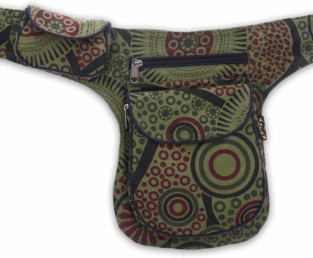 Kunst und Magie Doppel Bauchtasche Sidebag Gürteltasche Festivaltasche Hippie Goa, Farbe:Army Green,