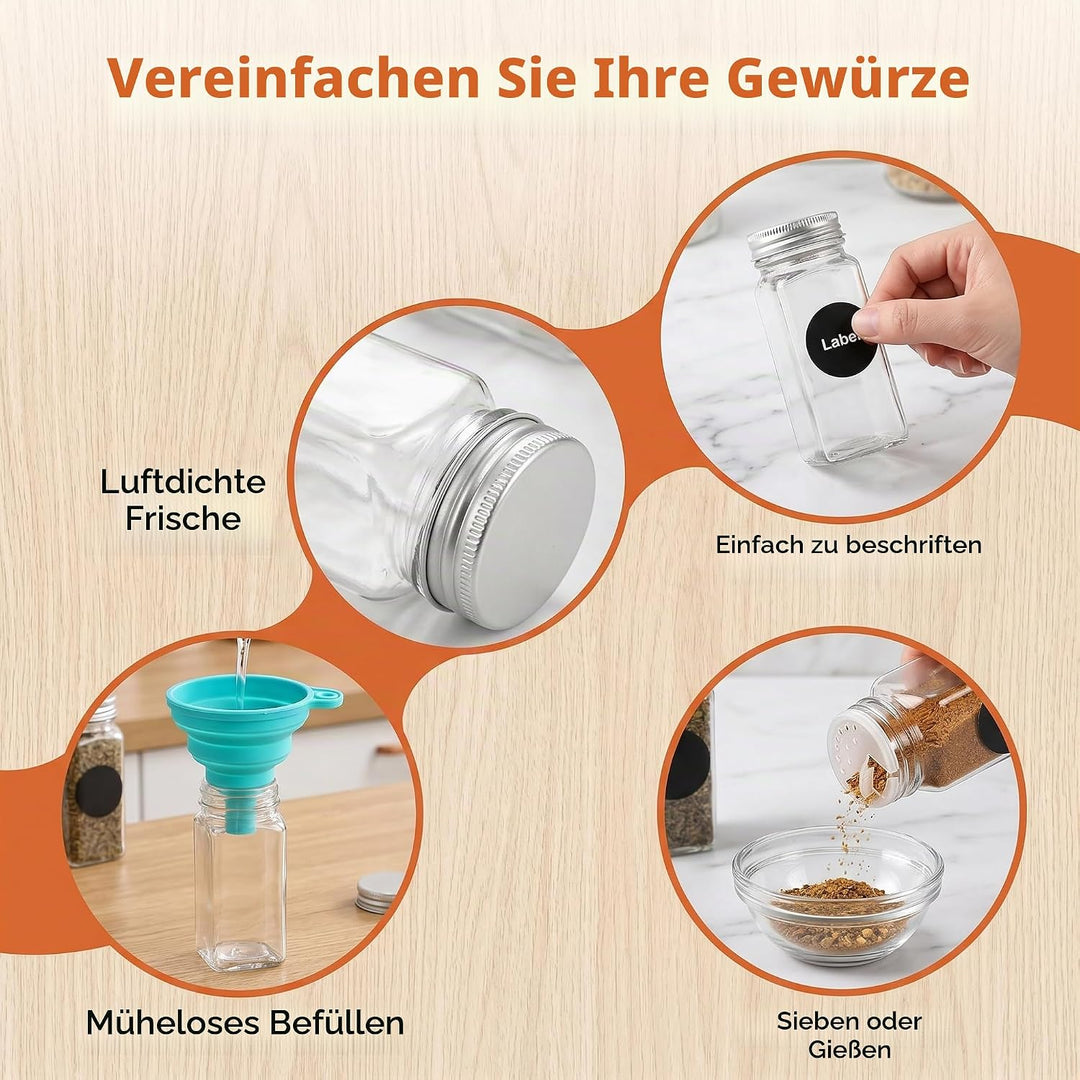 WUWEOT 24 Stück Kunststoff-Gewürzgläser, 120 ml Gewürzflaschen, quadratische Gewürzbehälter, wiederv