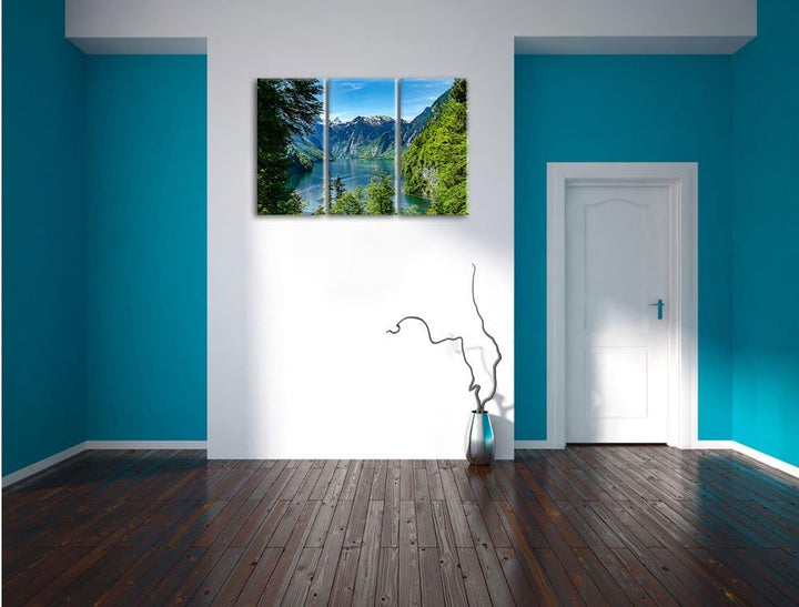 Pixxprint Blick auf den Königssee als Leinwandbild - Grösse: 3-Teilig (120x80cm) - Wandbild - Kunstd