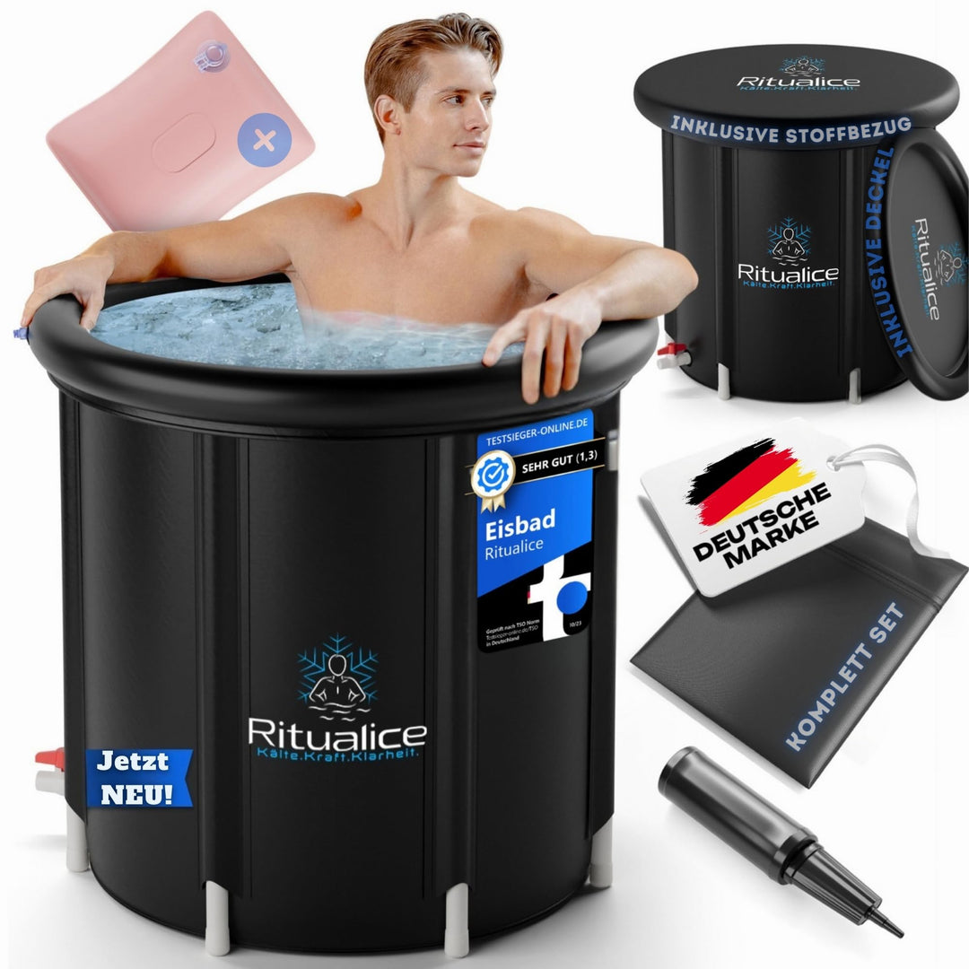 Ritualice® Premium Eisbad XL (80 cm Ø) - Eistonne Set mit Deckel und Stoffbezug - Eisbaden ideal für