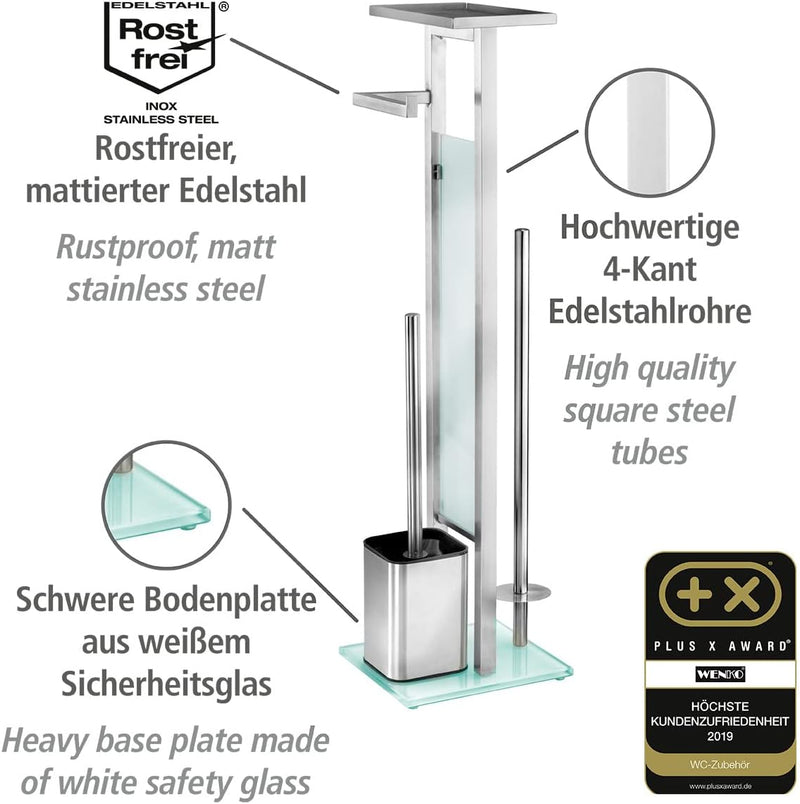 WENKO Stand WC-Garnitur Debar mit Ablage, aus mattiertem Edelstahl, Toilettenpapier- und WC-Bürstenh