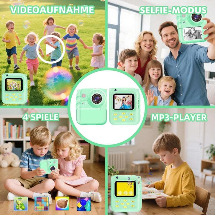 Sofortbildkamera Kinder, 1080P Digitalkamera mit 3 Druckrollen, 32GB Karte & Hülle, Kinderkamera mit