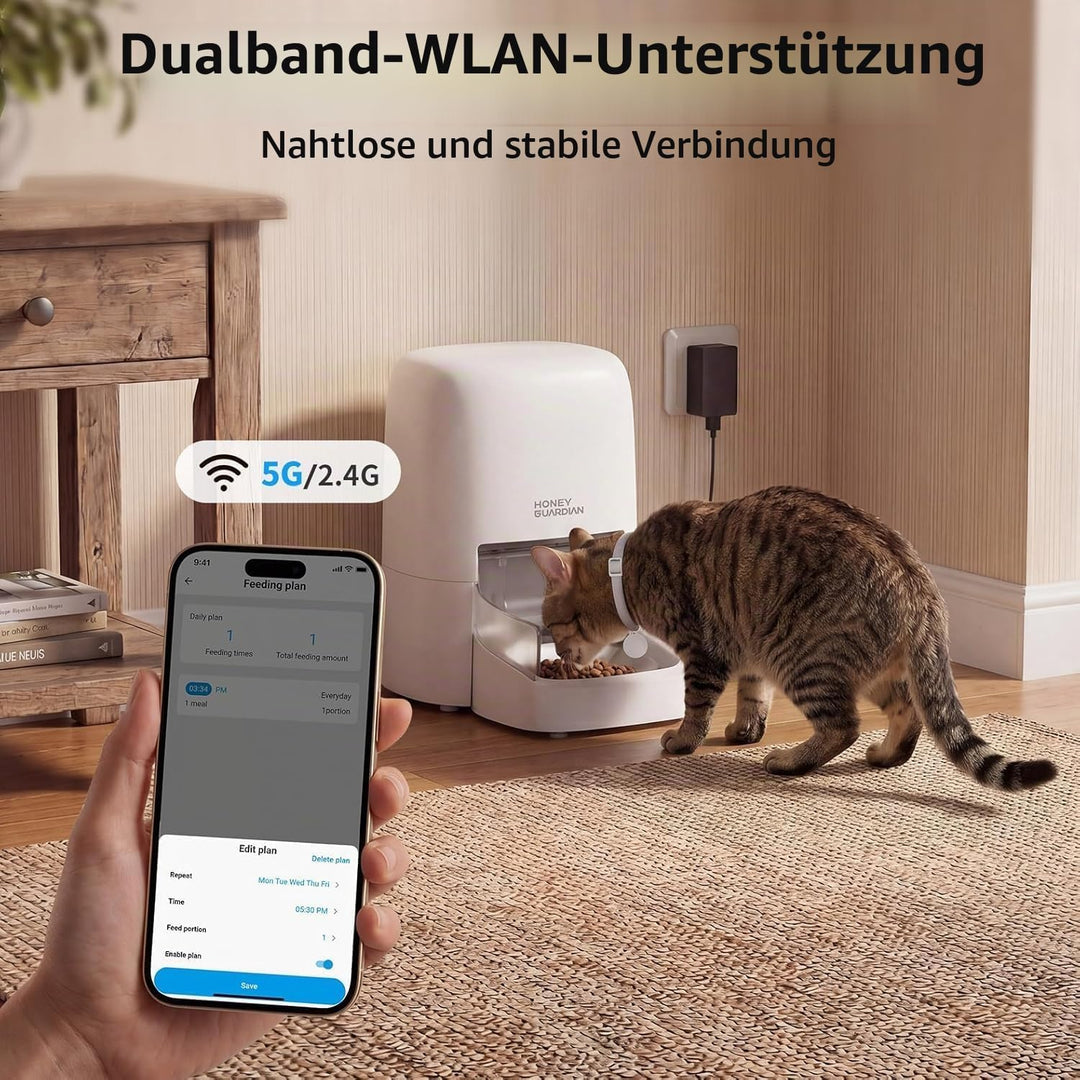 Futterautomat Katze RFID, 5G WiFi Futterspender Katze mit Collar-Tag-Sensor, 4.6L Katzenfutter Autom