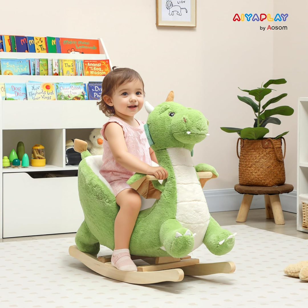 AIYAPLAY Schaukeltier, Dinosaurier-Schaukel, interaktive Tiergeräusche, weiche Füllung, Holzrahmen,