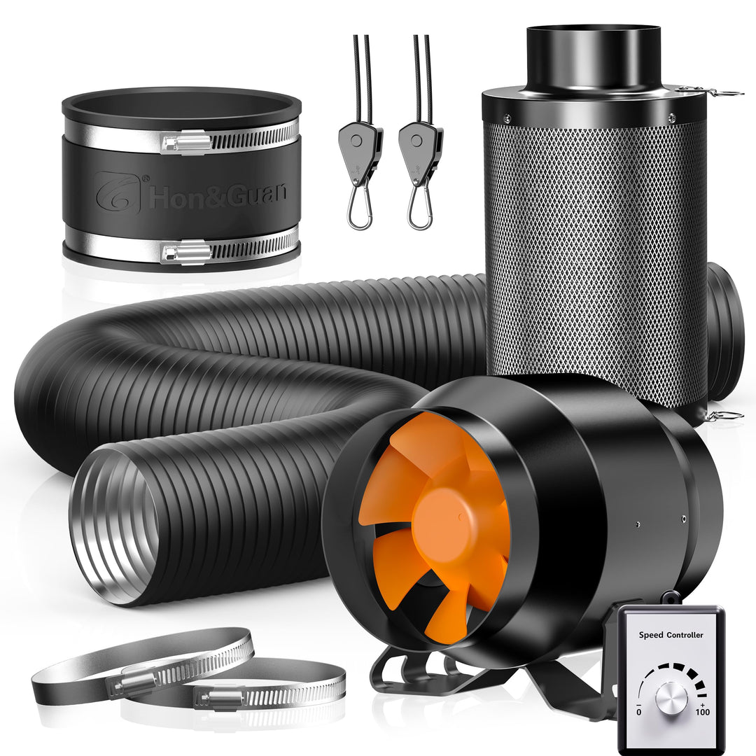 Hon&Guan Abluftset 100mm, Rohrventilator 100mm mit Drehzahlregler, Aktivkohlefilter Grow, Gummikuppl