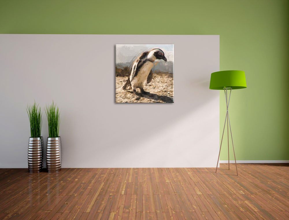 Pixxprint Afrikanischer Pinguin beobachtet Pinsel Effekt, Format: 70x70 auf Leinwand, 70x70