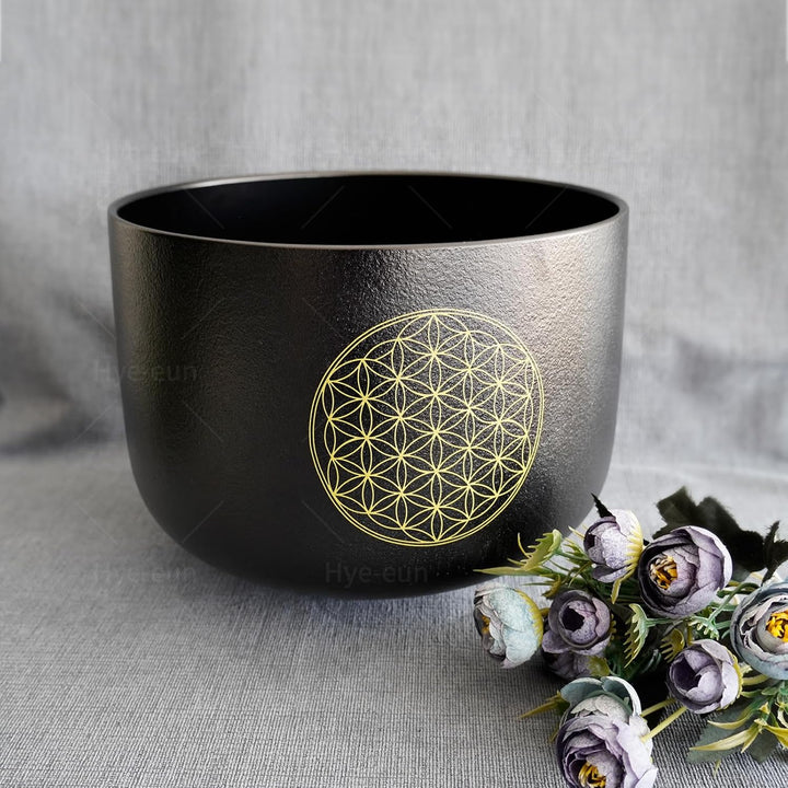 Hye-eun Kristall-Klangschale, 528 Hz C Note Schwarz Quarz Klangschalen mit Blume des Lebens (Life Fl