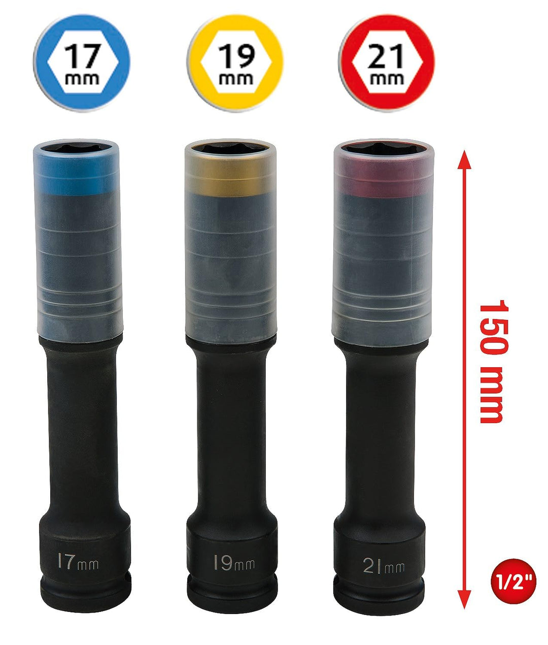 KS Tools 515.0622 SlimPOWER Alu-Felgen Kraft-Stecknuss-Satz, extra lang, 3-tlg., 1/2", 17, 19, 21mm