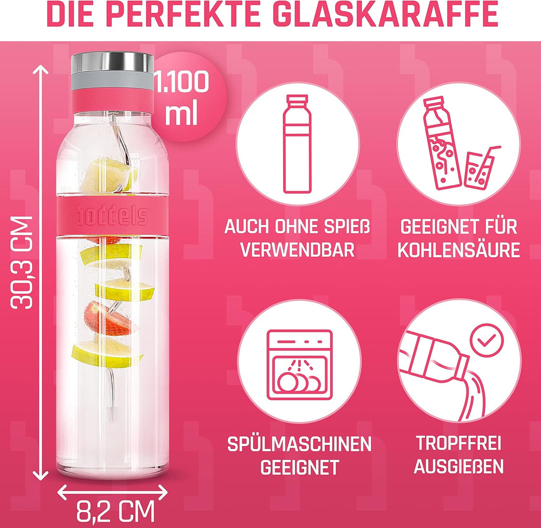 boddels Glaskaraffe mit Deckel und Sieb 1.100ml, Rutschfester Griff, Glaskaraffe mit Fruchteinsatz,
