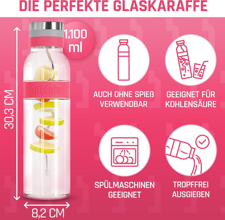 boddels Glaskaraffe mit Deckel und Sieb 1.100ml, Rutschfester Griff, Glaskaraffe mit Fruchteinsatz,