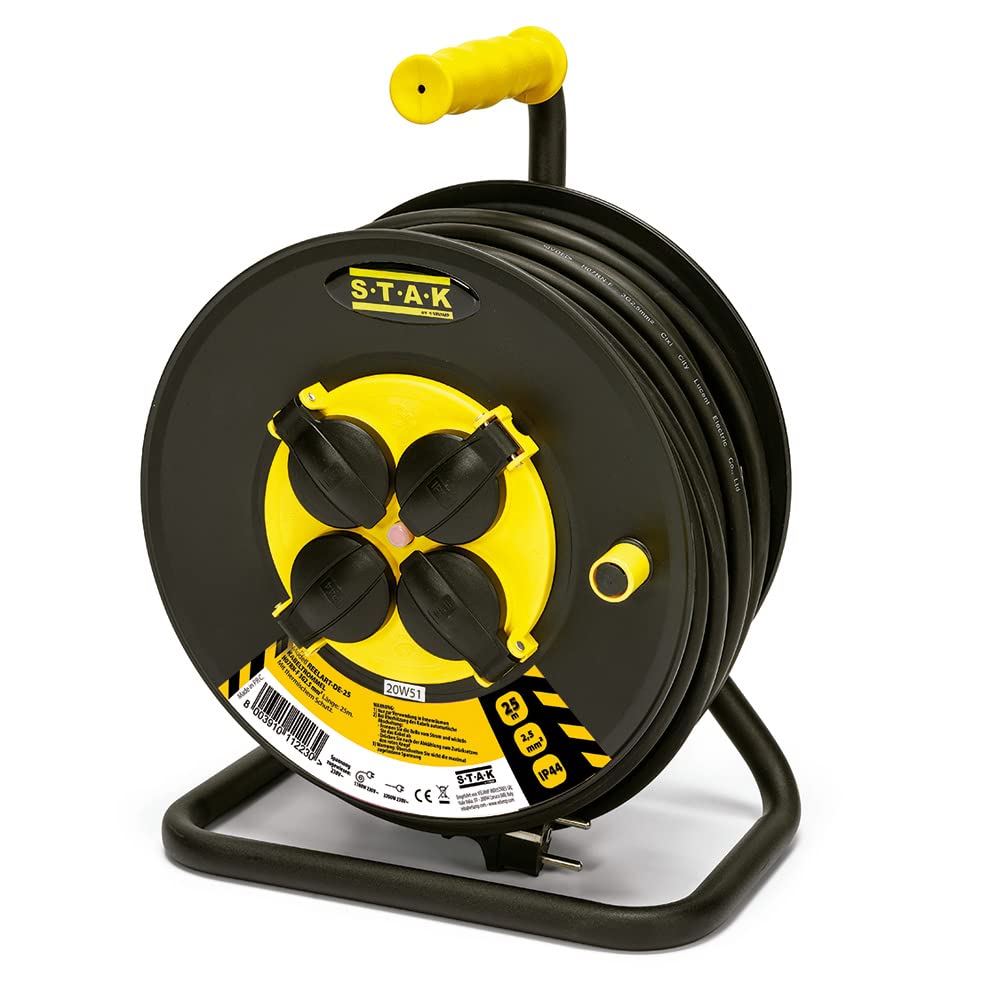 Professionelle Elektro-Kabeltrommel, 4 Steckdosen und Schuko-Steckdose, H07RN-F3G2.5MM2, 25M, GS (TÜ