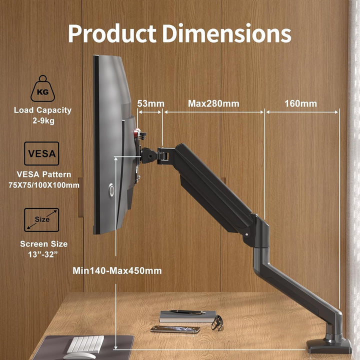 suptek Monitor Halterung für 13-32 Zoll LED LCD Bildschirm bis zu 9 kg, Monitor Arm mit Gasfeder, 36