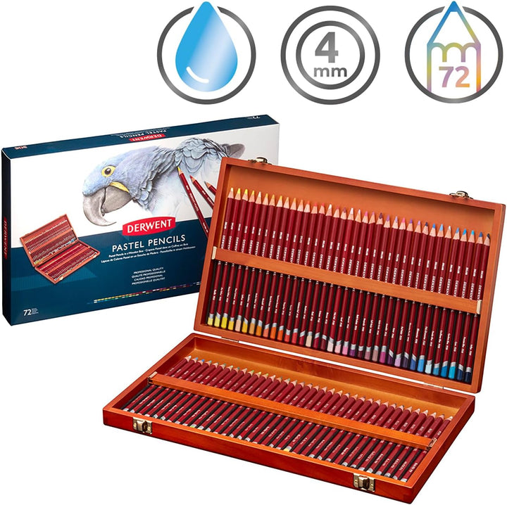Derwent Pastellstifte in einer Geschenk-Box aus Holz, Zeichnen & Ausmalen, 72er-Set, Ideal zum Misch