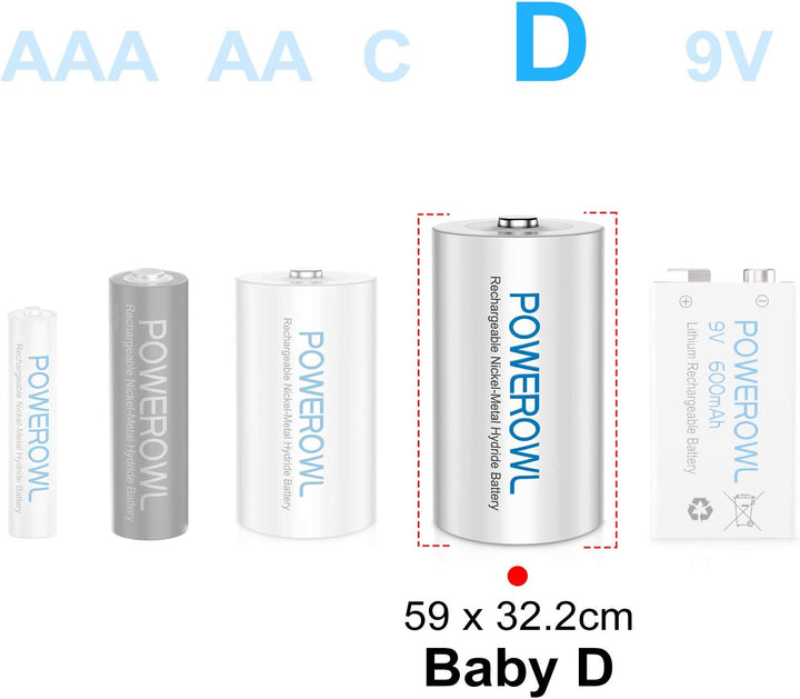 POWEROWL D Akku Mono 1.2V 10000mAh Wiederaufladbar D Batterien mit Geringer Selbstentladung & Vorgel