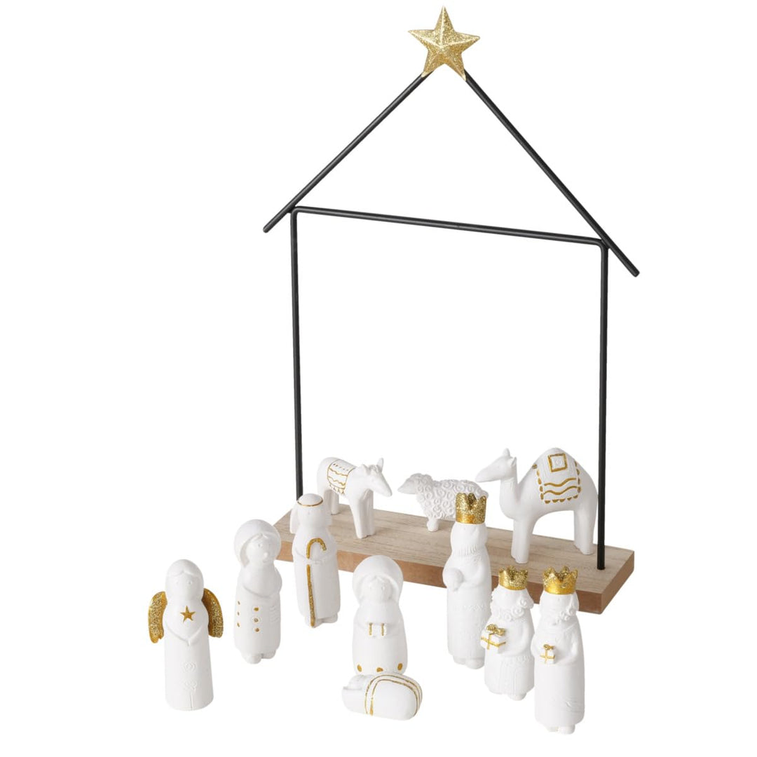 RiloStore 32x22cm Tischkrippe mit Figuren 12 TLG. Krippe Natur b144 braun Weiss Gold Farben Deko Fig