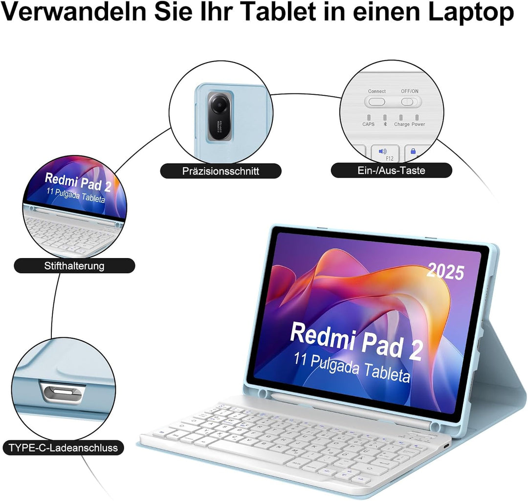 Hülle mit Tastatur für Xiaomi Redmi Pad 2 11 Zoll 2025/Redmi Pad SE 11 Zoll 2023 mit Stifthalter, Ma