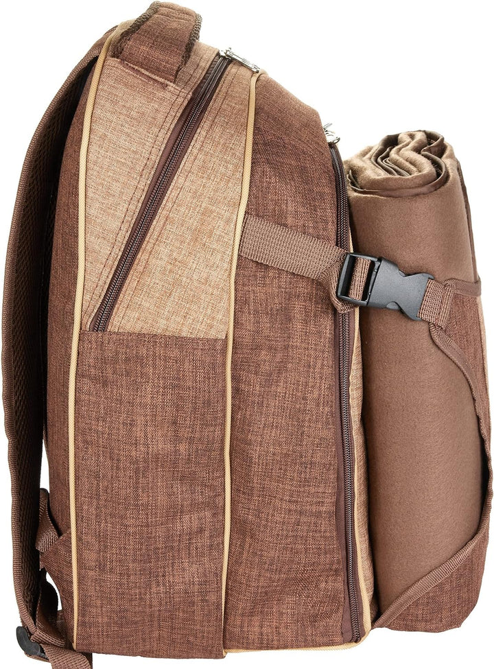 Brubaker Picknickrucksack für 4 Personen Braun 28,5 × 42,5 x 19 cm - inkl. Kühlfach + Fleece-Picknic
